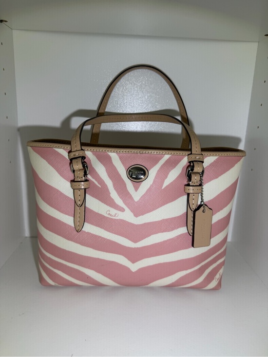 Coach Handbags - Coach Pink and White Zebra-Print Canvas Mini Tote with Tan Leather Trim